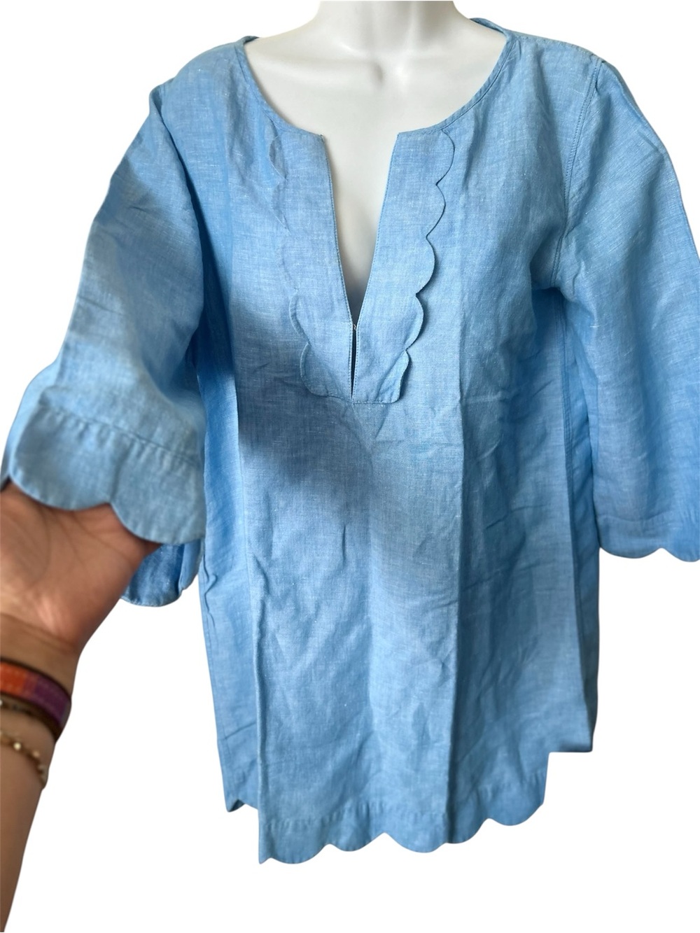 J. Crew Dress Linen Blue Chambray Scallop Hem 3/4Sleeve Women, Sz S - Picture 4 of 8